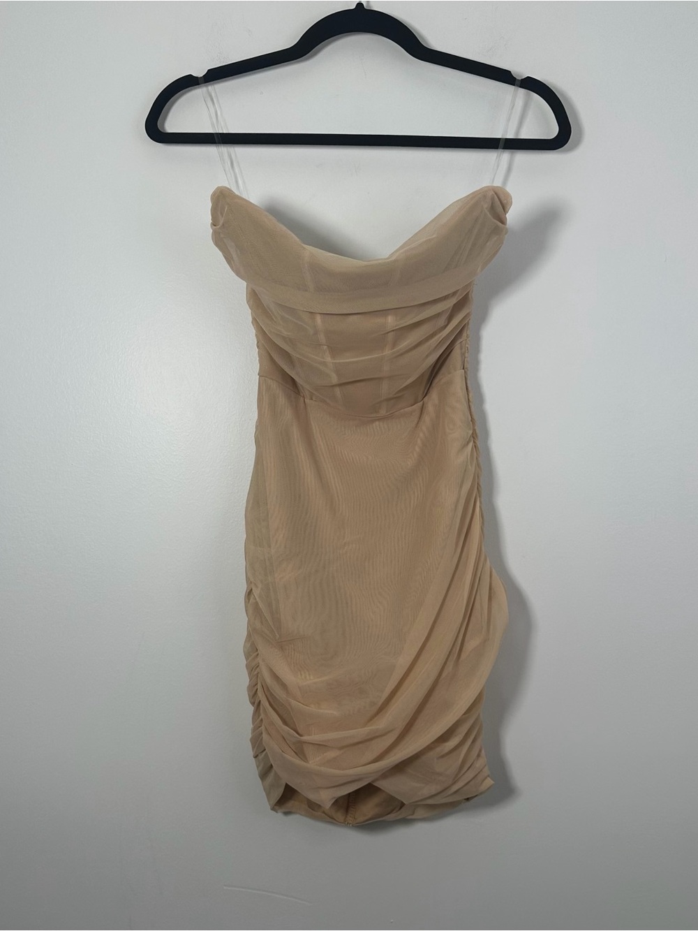 Oh Polly Nude Beige Ruched Mesh Bodycon Mini Dress Size US 4 NWT